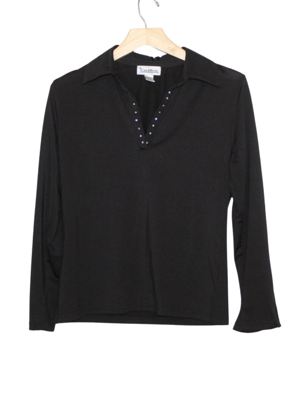Vtg 90s Carol Rose blouse size S black rhinestone split sleeve pointed collar